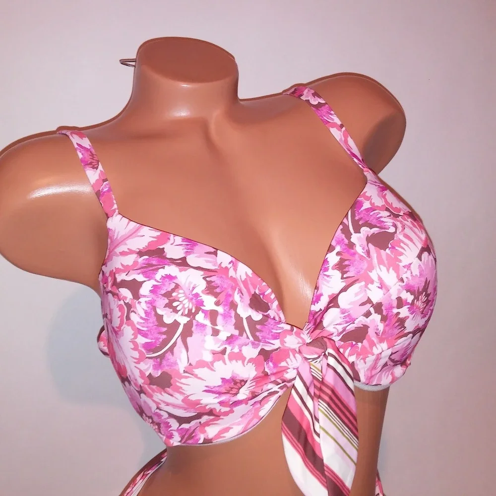 Victoria Secret Swim Bikini 34D Top Small Bottom Pink Floral Push Up Underwire